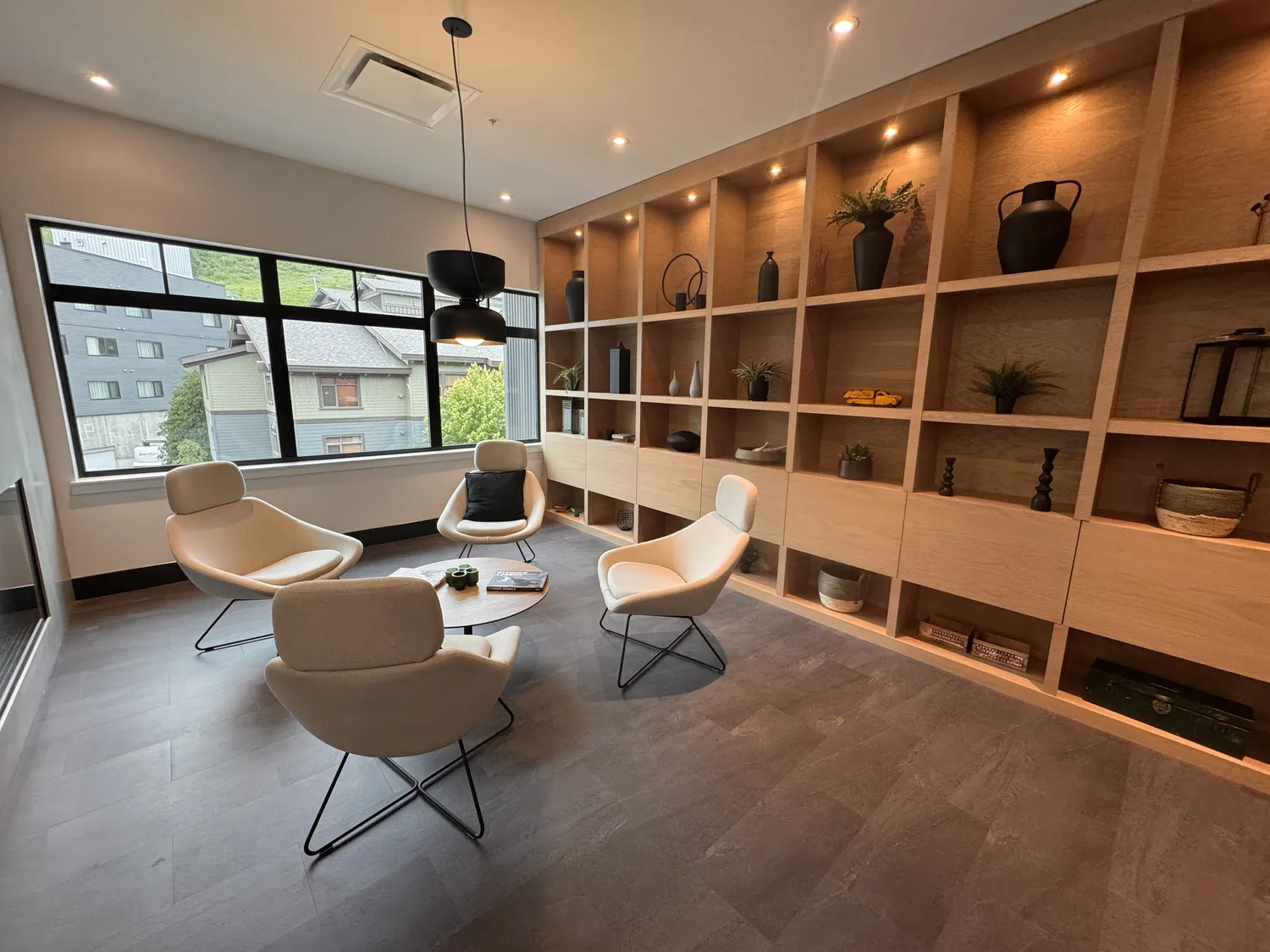 Co-working lounge with mountain views
